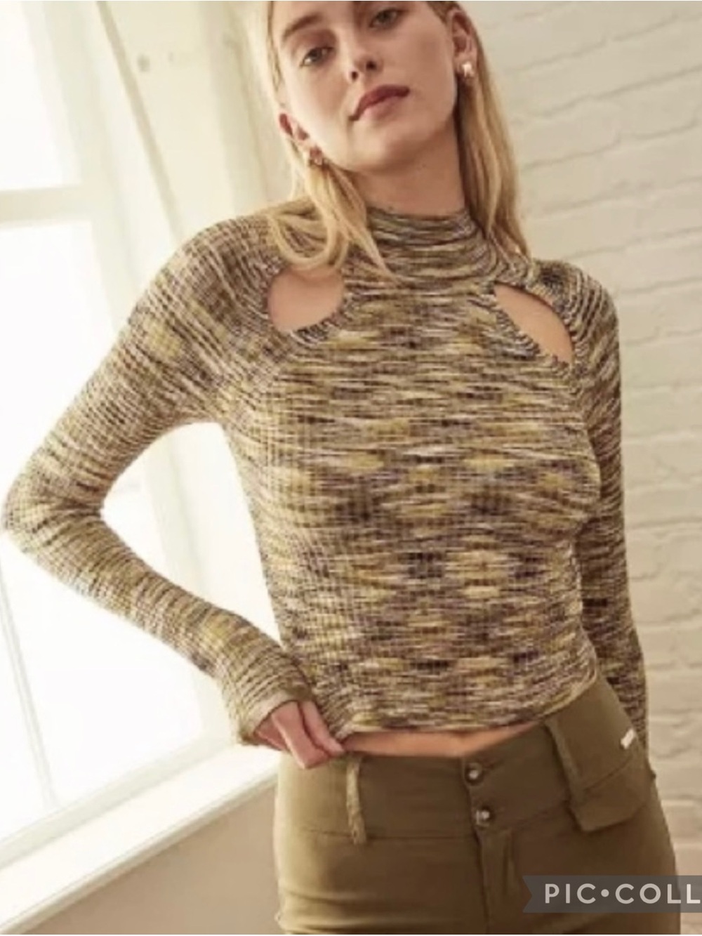 Urban Outfitters Aria Crop Top Cutout Marled Knit Olive Green Mustard Yellow S